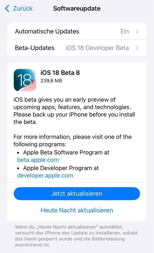 锦州苹果手机维修分享苹果 iOS / iPadOS 18 开发者预览版 Beta 8 发布 